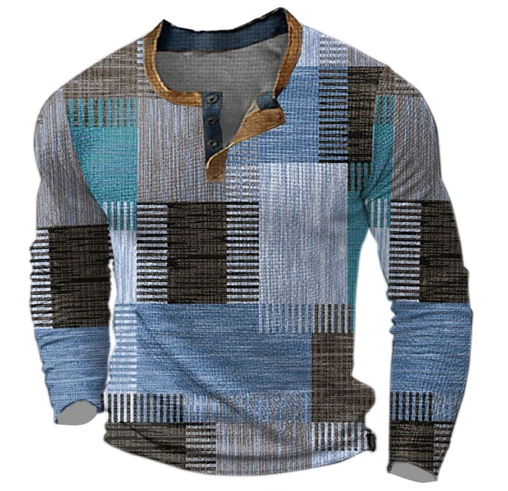 Finn - Heren Trui Comfort met Longsleeve Kleurrijk Blokprint en Knoopsluiting