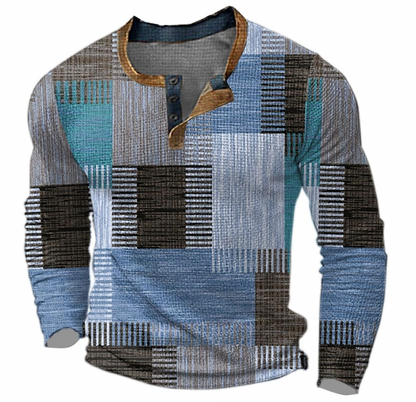 Finn - Heren Trui Comfort met Longsleeve Kleurrijk Blokprint en Knoopsluiting