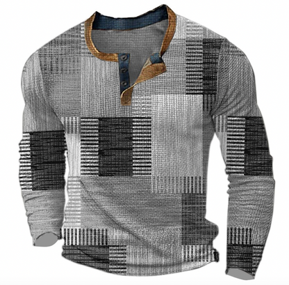 Finn - Heren Trui Comfort met Longsleeve Kleurrijk Blokprint en Knoopsluiting