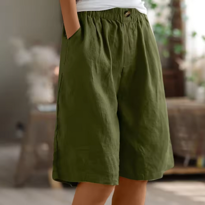 Floor - Casual Linnen Korte Broek Dames met Elastische Tailleband en Wijde Pijp