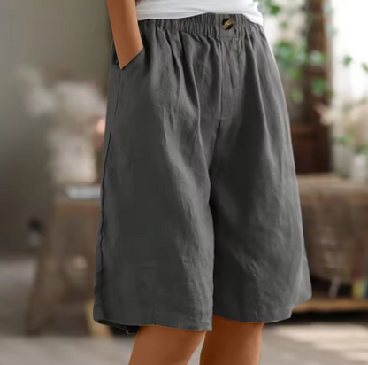 Floor - Casual Linnen Korte Broek Dames met Elastische Tailleband en Wijde Pijp