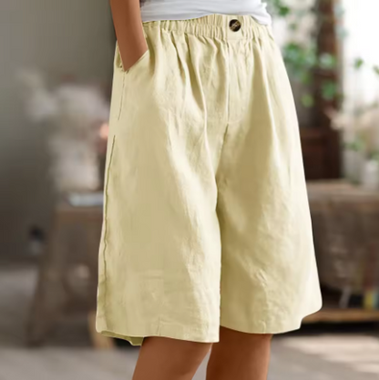 Floor - Casual Linnen Korte Broek Dames met Elastische Tailleband en Wijde Pijp