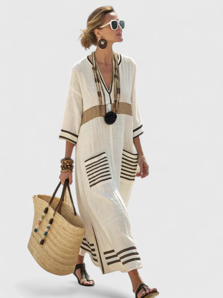 Floor - Casual Zomerjurk Dames Maxi met Kleurrijke Strepen en V-hals