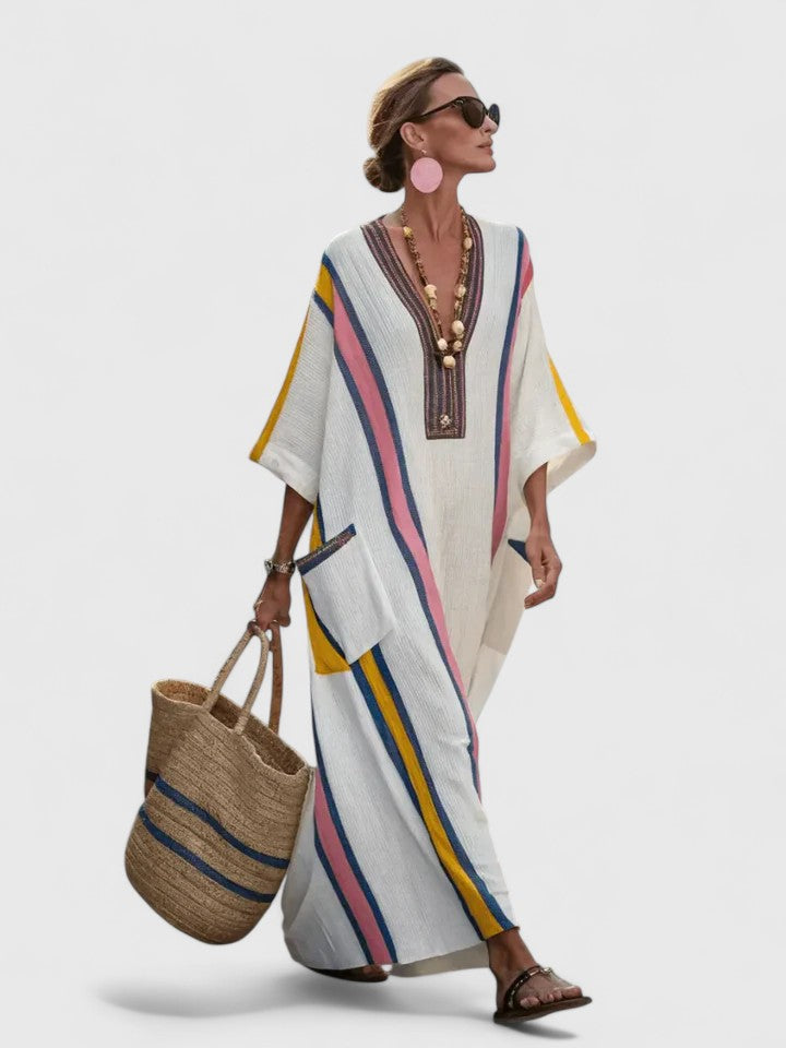 Floor - Casual Zomerjurk Dames Maxi met Kleurrijke Strepen en V-hals
