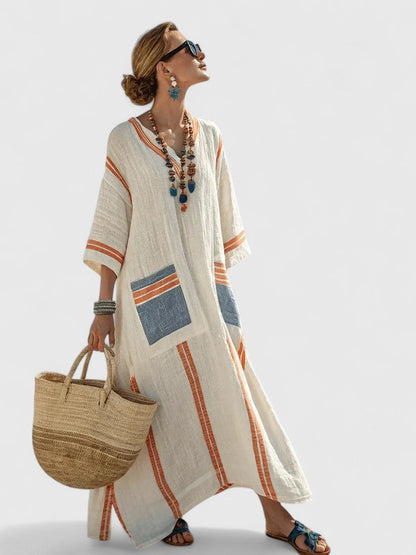 Floor - Casual Zomerjurk Dames Maxi met Kleurrijke Strepen en V-hals
