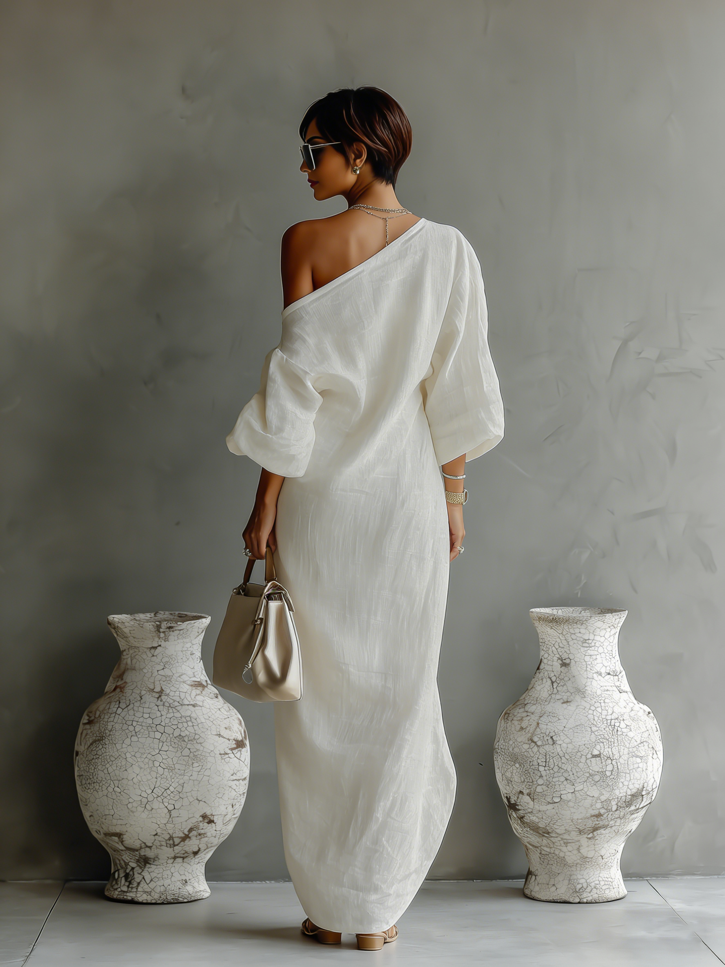 Floor - Chique Linnen Maxi Jurk Dames met Asymmetrische Schouder en Ballonmouw