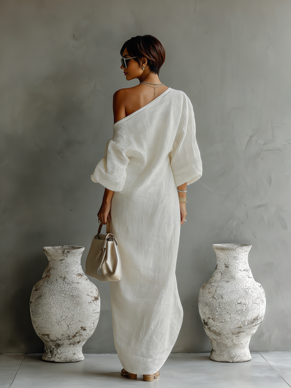 Floor - Chique Linnen Maxi Jurk Dames met Asymmetrische Schouder en Ballonmouw