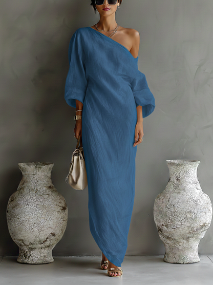 Floor - Chique Linnen Maxi Jurk Dames met Asymmetrische Schouder en Ballonmouw