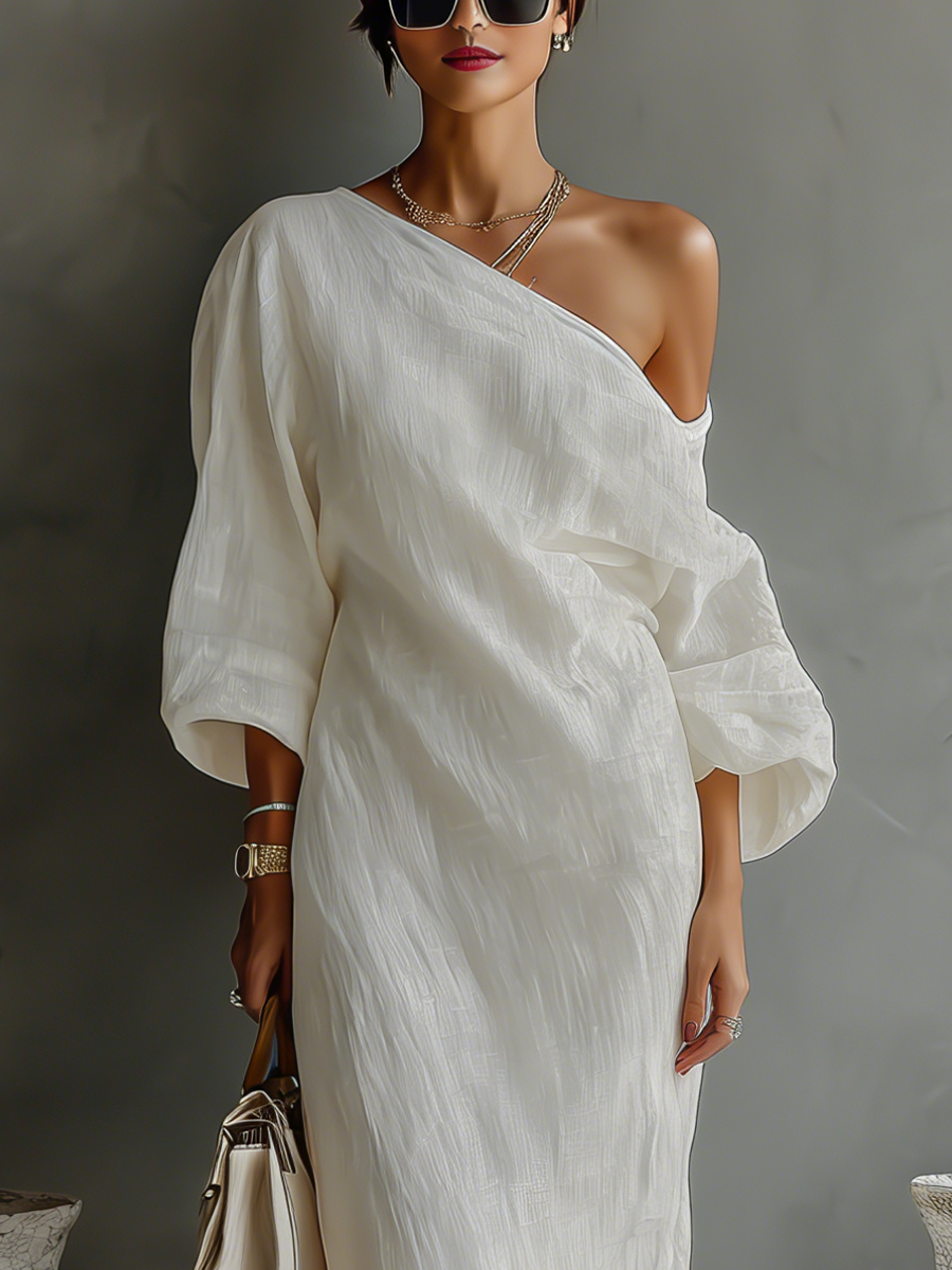 Floor - Chique Linnen Maxi Jurk Dames met Asymmetrische Schouder en Ballonmouw