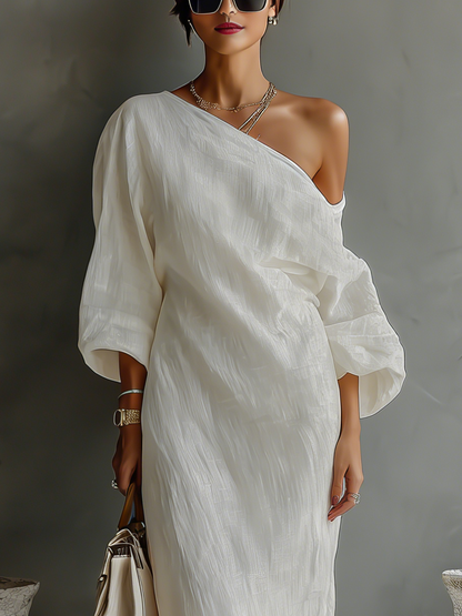 Floor - Chique Linnen Maxi Jurk Dames met Asymmetrische Schouder en Ballonmouw