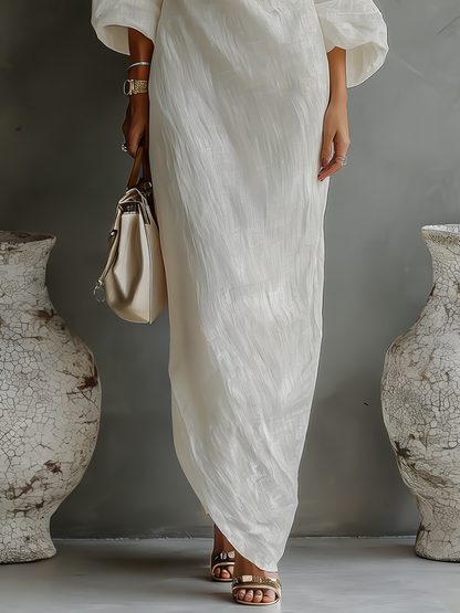 Floor - Chique Linnen Maxi Jurk Dames met Asymmetrische Schouder en Ballonmouw