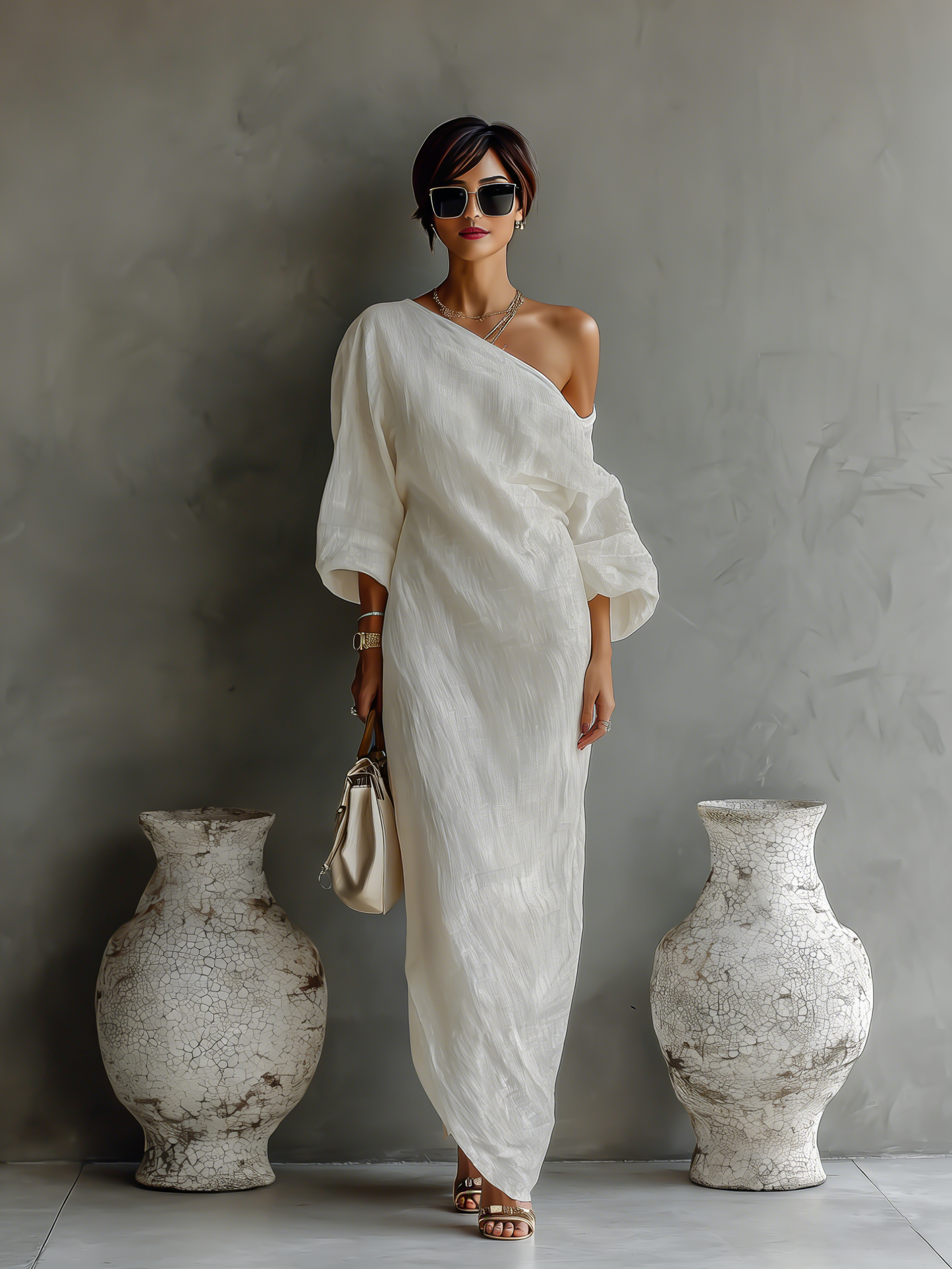Floor - Chique Linnen Maxi Jurk Dames met Asymmetrische Schouder en Ballonmouw