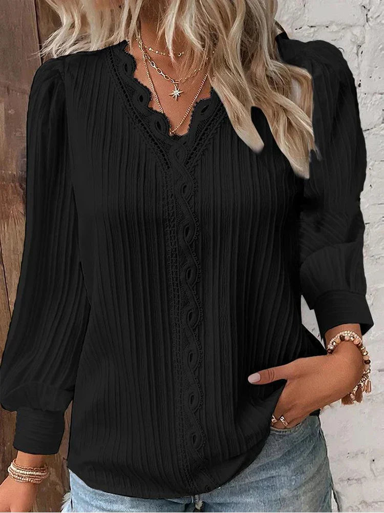 Floor - Dames Longsleeve Comfort Top met V-Hals en Knoopsluiting