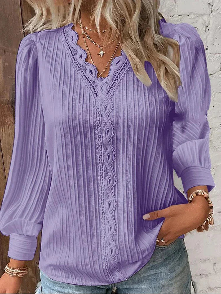 Floor - Dames Longsleeve Comfort Top met V-Hals en Knoopsluiting