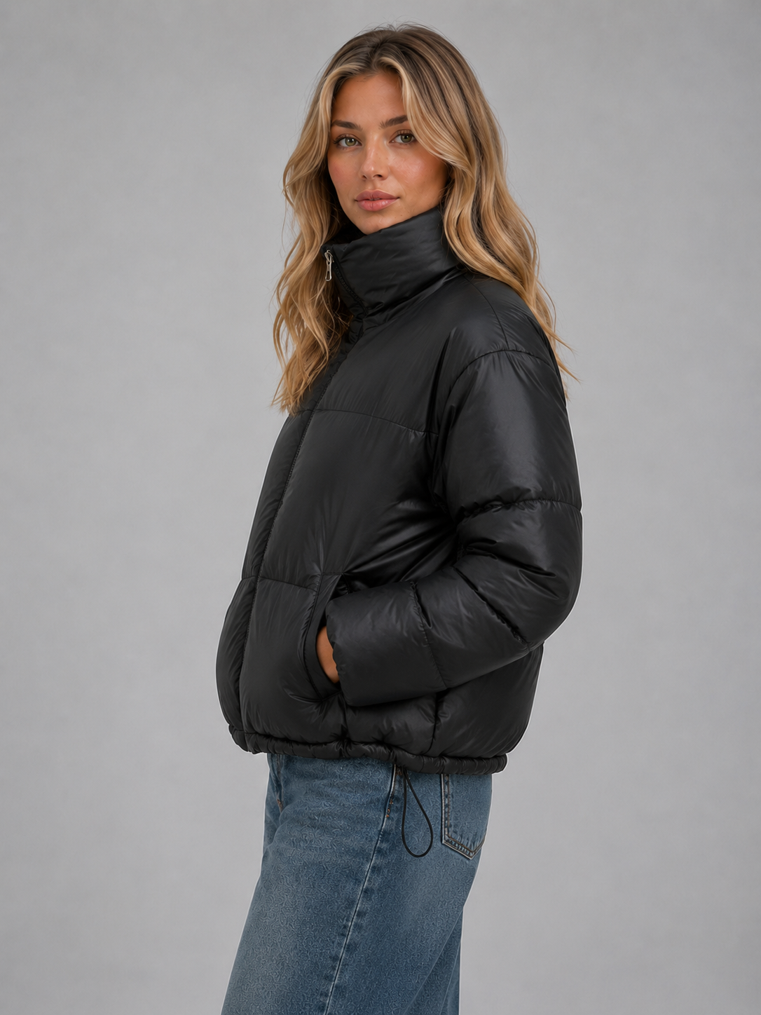 Floor - Dames Pufferjas Cropped met Opstaande Kraag en Ritssluiting