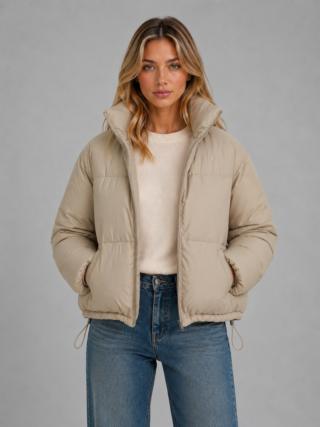 Floor - Dames Pufferjas Cropped met Opstaande Kraag en Ritssluiting