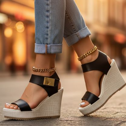 Floor - Elegante Sandalen Dames Orthopedisch met Sleehak en Gouden Gesp