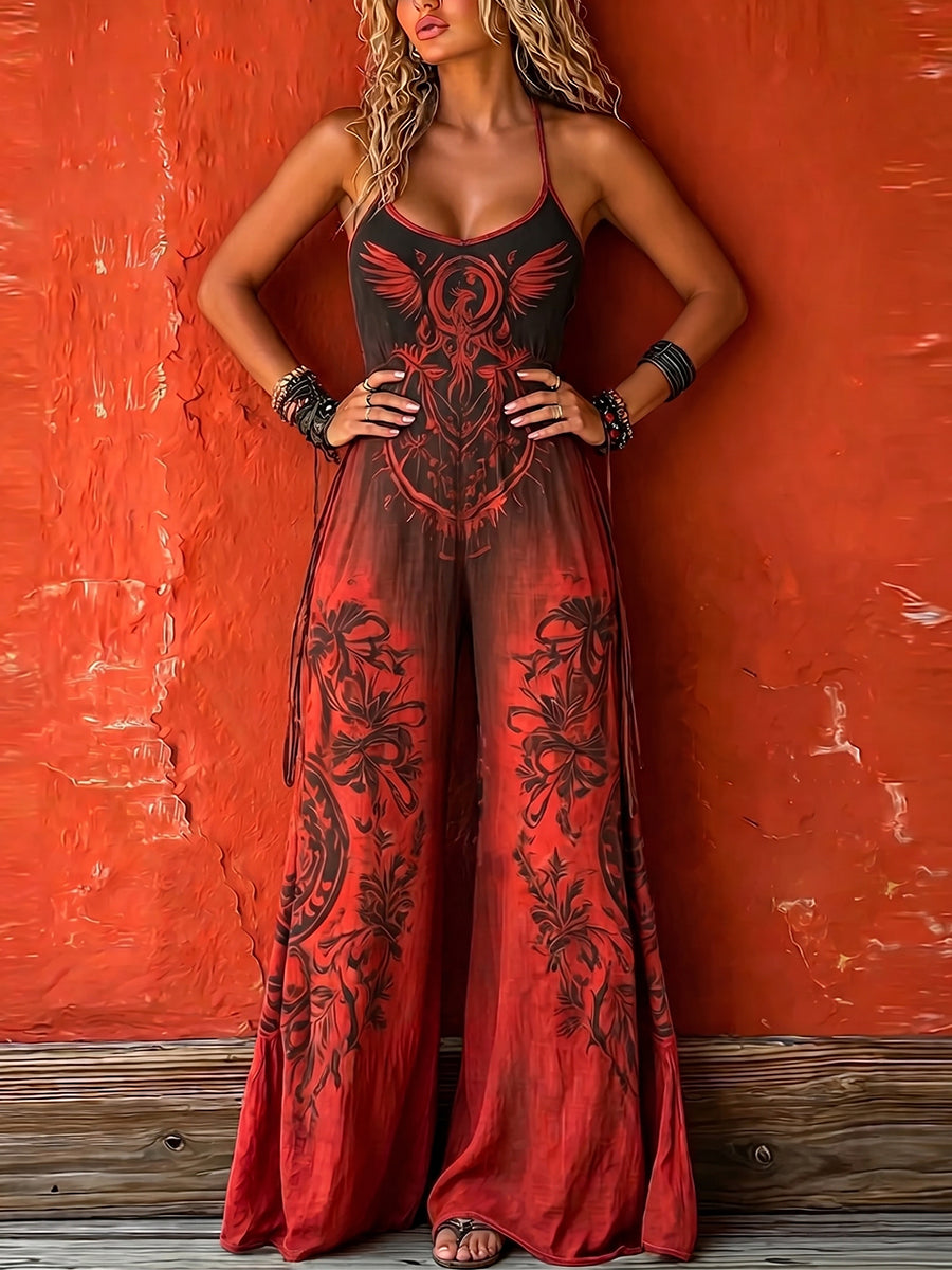 Floor - Vintage Linnen Jumpsuit Dames met Halterhals en Geknoopte Bandjes