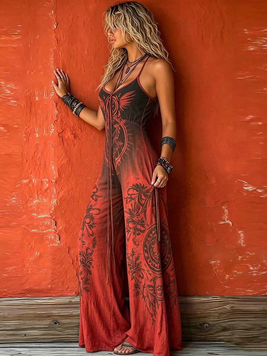 Floor - Vintage Linnen Jumpsuit Dames met Halterhals en Geknoopte Bandjes