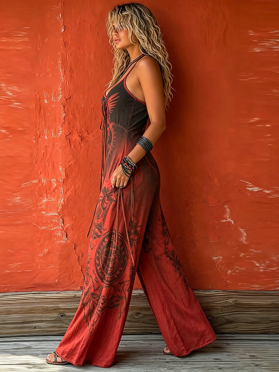 Floor - Vintage Linnen Jumpsuit Dames met Halterhals en Geknoopte Bandjes