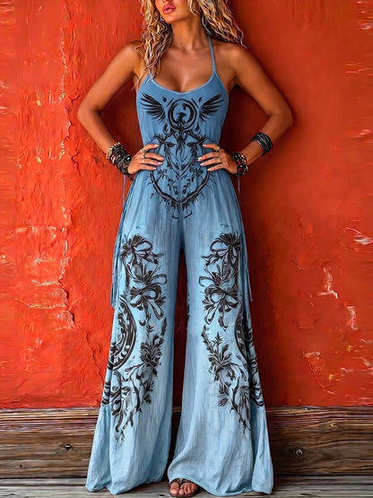 Floor - Vintage Linnen Jumpsuit Dames met Halterhals en Geknoopte Bandjes