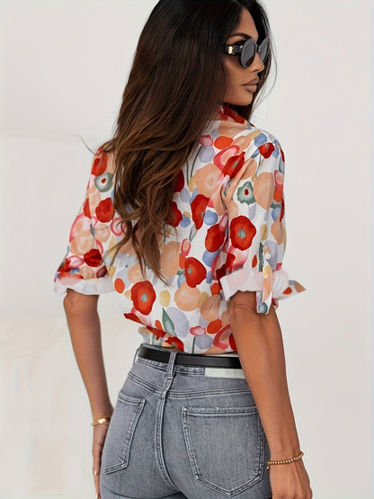 Floor - Vrolijke Linnen Damesblouse met Grote Bloemenprint en Klassieke Kraag
