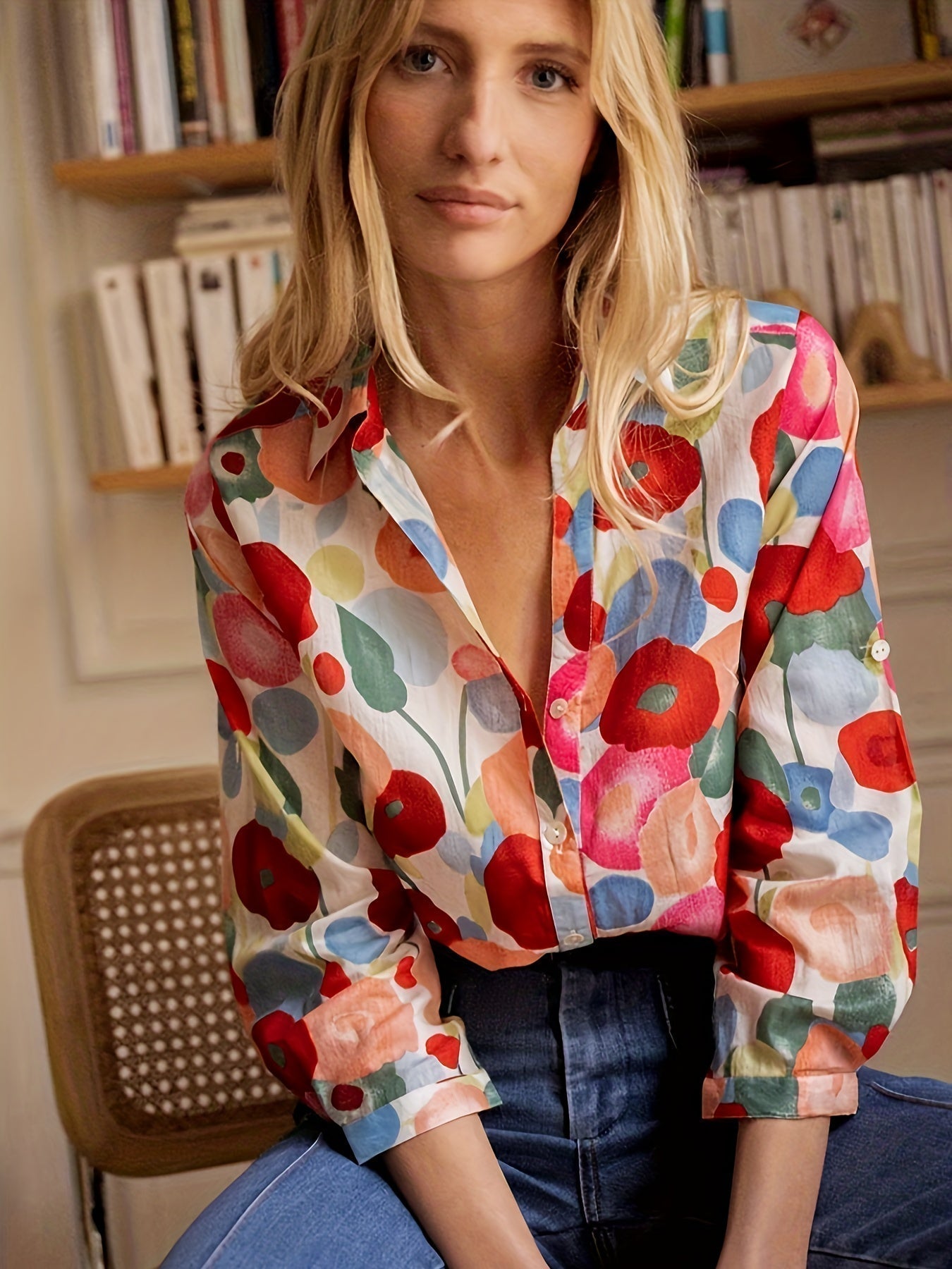 Floor - Vrolijke Linnen Damesblouse met Grote Bloemenprint en Klassieke Kraag