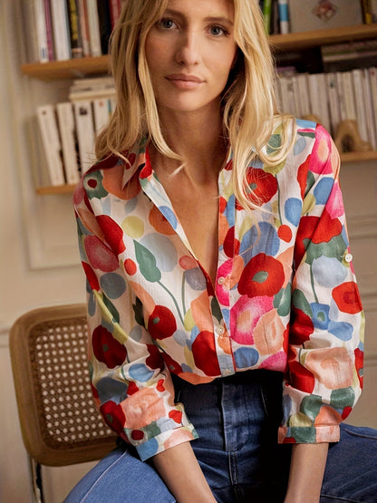 Floor - Vrolijke Linnen Damesblouse met Grote Bloemenprint en Klassieke Kraag