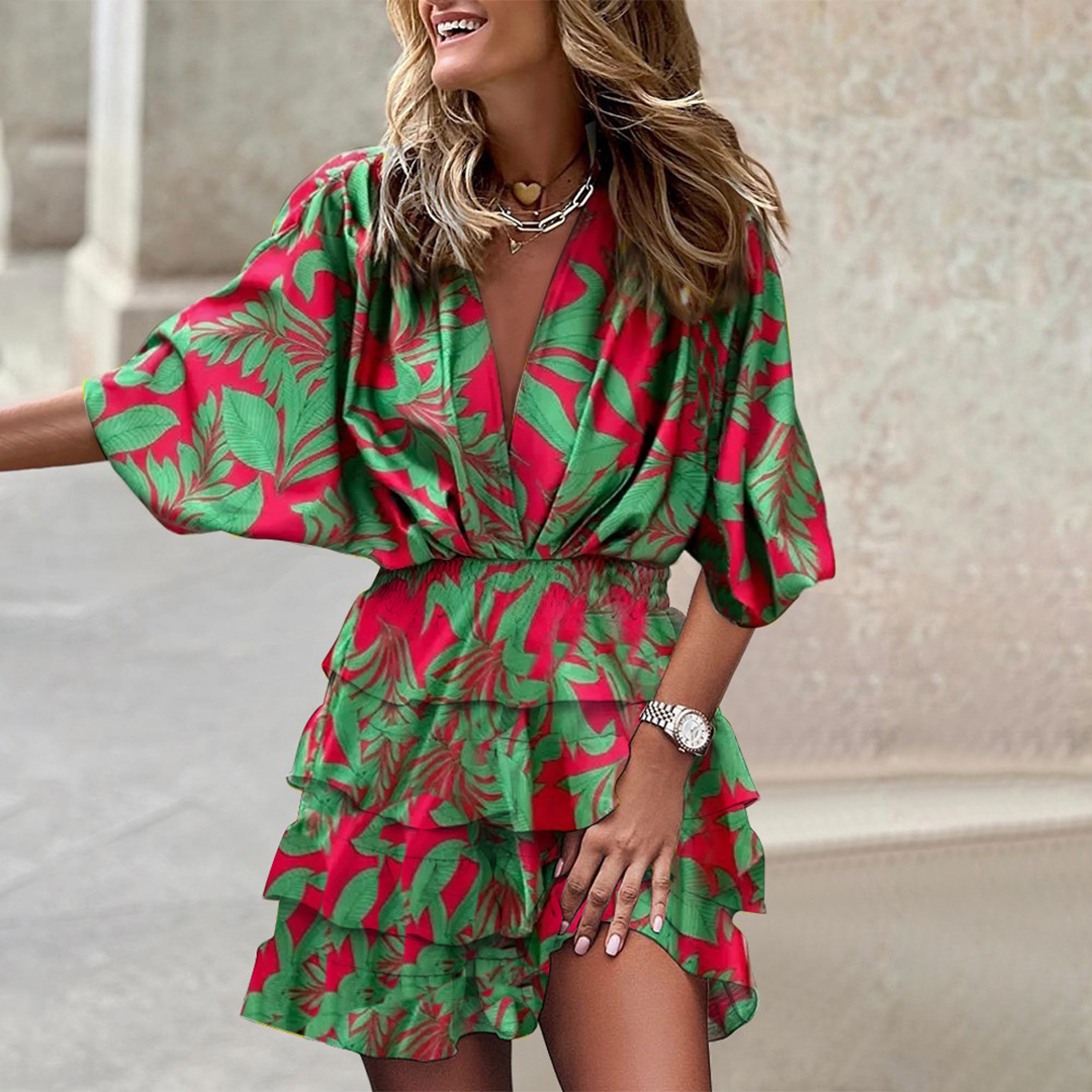 Jurk Dames - Diepe V-hals met Tropische Print en Ruches | Zomer
