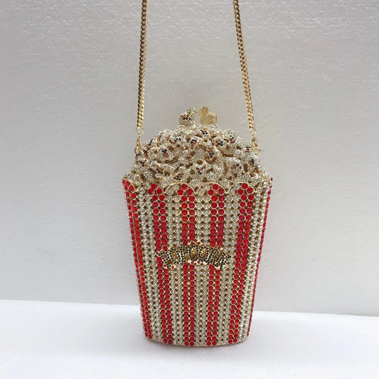 Avondtasje Dames - Popcorn Tas met Strass en Gouden Ketting | Feest