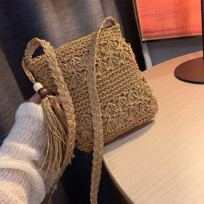 Tas Dames - Gevlochten Crossbody met Kwast en Kralendetail | Boho