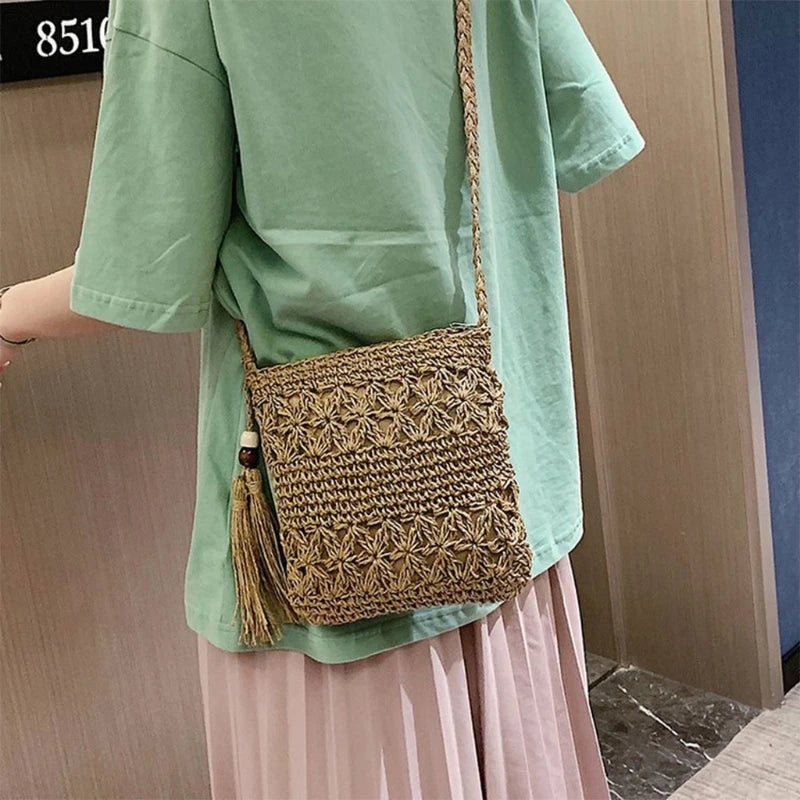 Tas Dames - Gevlochten Crossbody met Kwast en Kralendetail | Boho