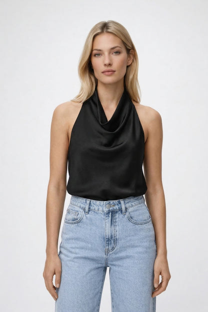 Halter Top Dames - Glanzend met Draperie en Open Rug