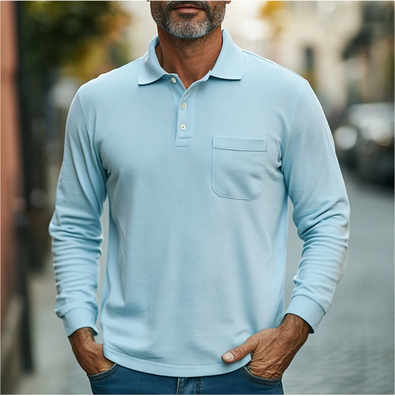 T Shirt Heren - Polokraag met Lange Mouwen en Borstzak | Regular Fit