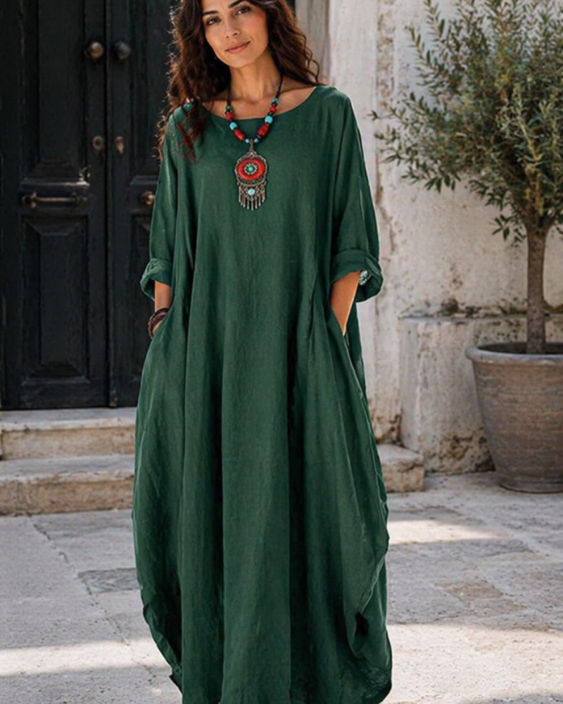 Ira - Boho Linnen Maxi Jurk Dames met Vleermuismouwen en Oversized Silhouet