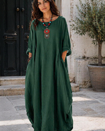 Ira - Boho Linnen Maxi Jurk Dames met Vleermuismouwen en Oversized Silhouet