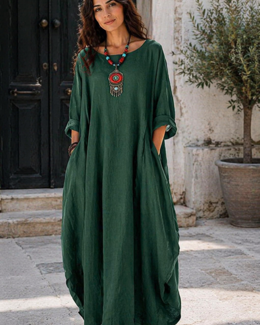 Ira - Boho Linnen Maxi Jurk Dames met Vleermuismouwen en Oversized Silhouet