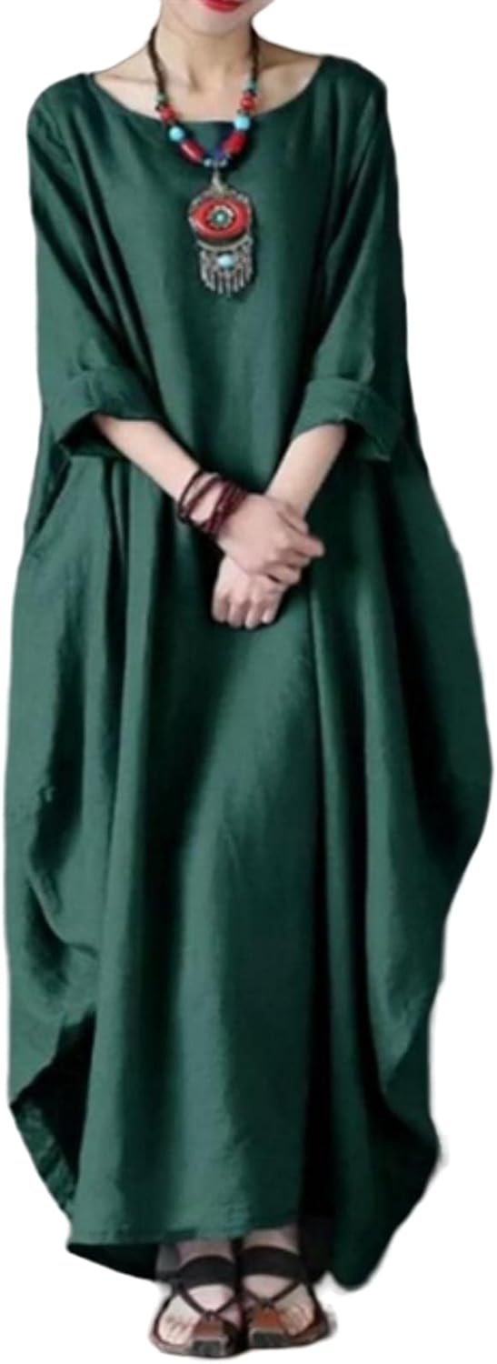 Ira - Boho Linnen Maxi Jurk Dames met Vleermuismouwen en Oversized Silhouet