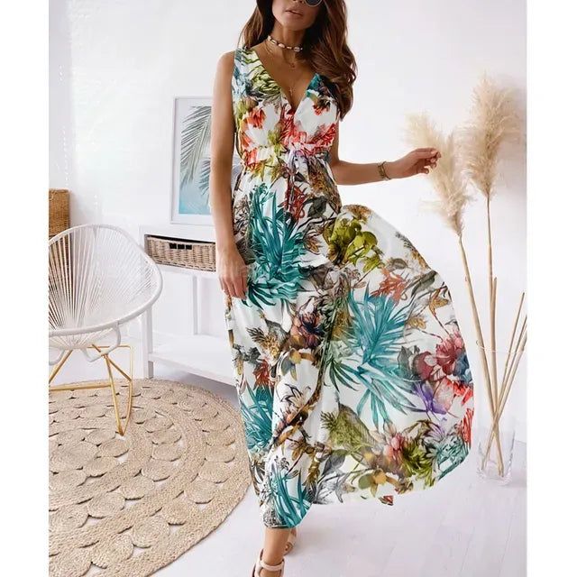 Iris - Boho Bruiloft Gastenjurk Dames met Diepe V-hals en Tropische Print