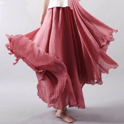 Iris - Boho Linnen Maxi Rok Dames met Wijde Zwaaiende Zoom en Elastische Taille