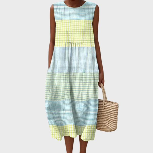 Iris - Boho Linnen Midi Jurk Dames met Zakken en Ronde Hals