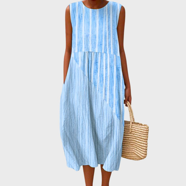 Iris - Boho Linnen Midi Jurk Dames met Zakken en Ronde Hals
