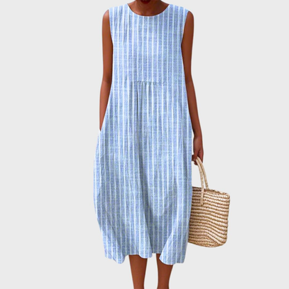 Iris - Boho Linnen Midi Jurk Dames met Zakken en Ronde Hals