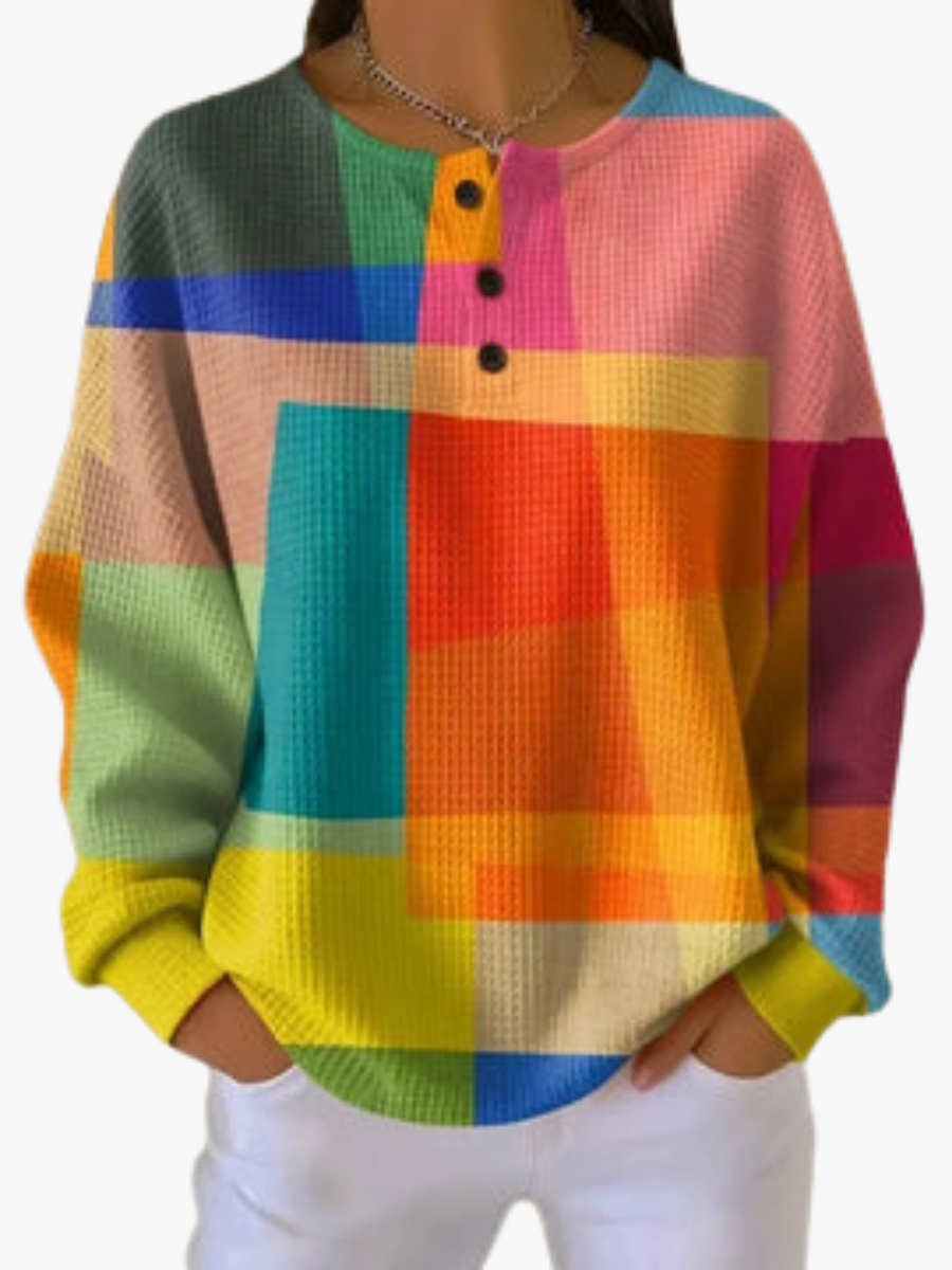 Iris - Dames Trui Gebreide Stijl met Knoopsluiting en Kleurblok Print