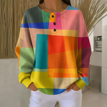 Iris - Dames Trui Gebreide Stijl met Knoopsluiting en Kleurblok Print