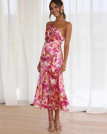 Iris - Feestelijke Bruiloft Gastenjurk Dames met One-Shoulder en Bloemenprint