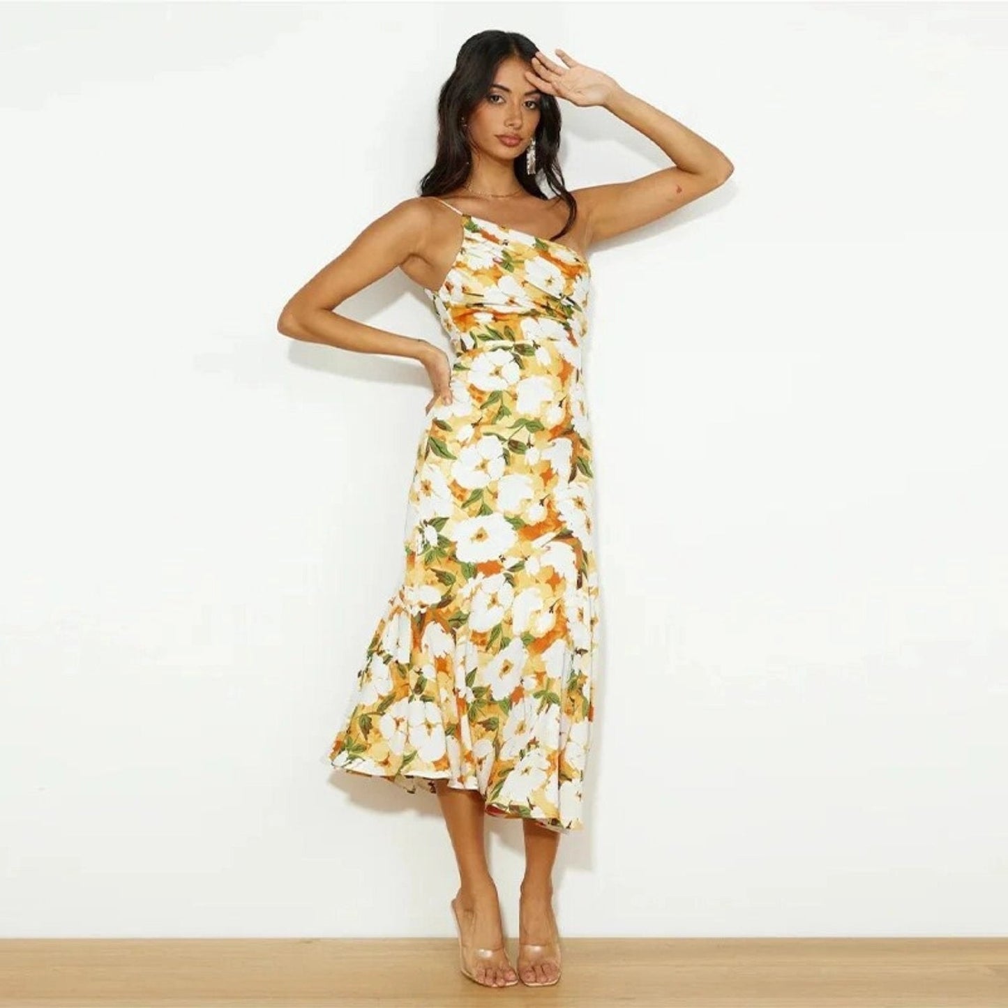 Iris - Feestelijke Bruiloft Gastenjurk Dames met One-Shoulder en Bloemenprint