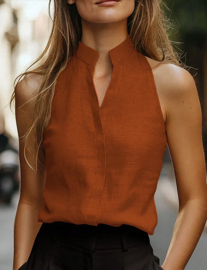 Iris - Stijlvolle Linnen Blouse Dames Mouwloos met V-Hals en Staande Kraag