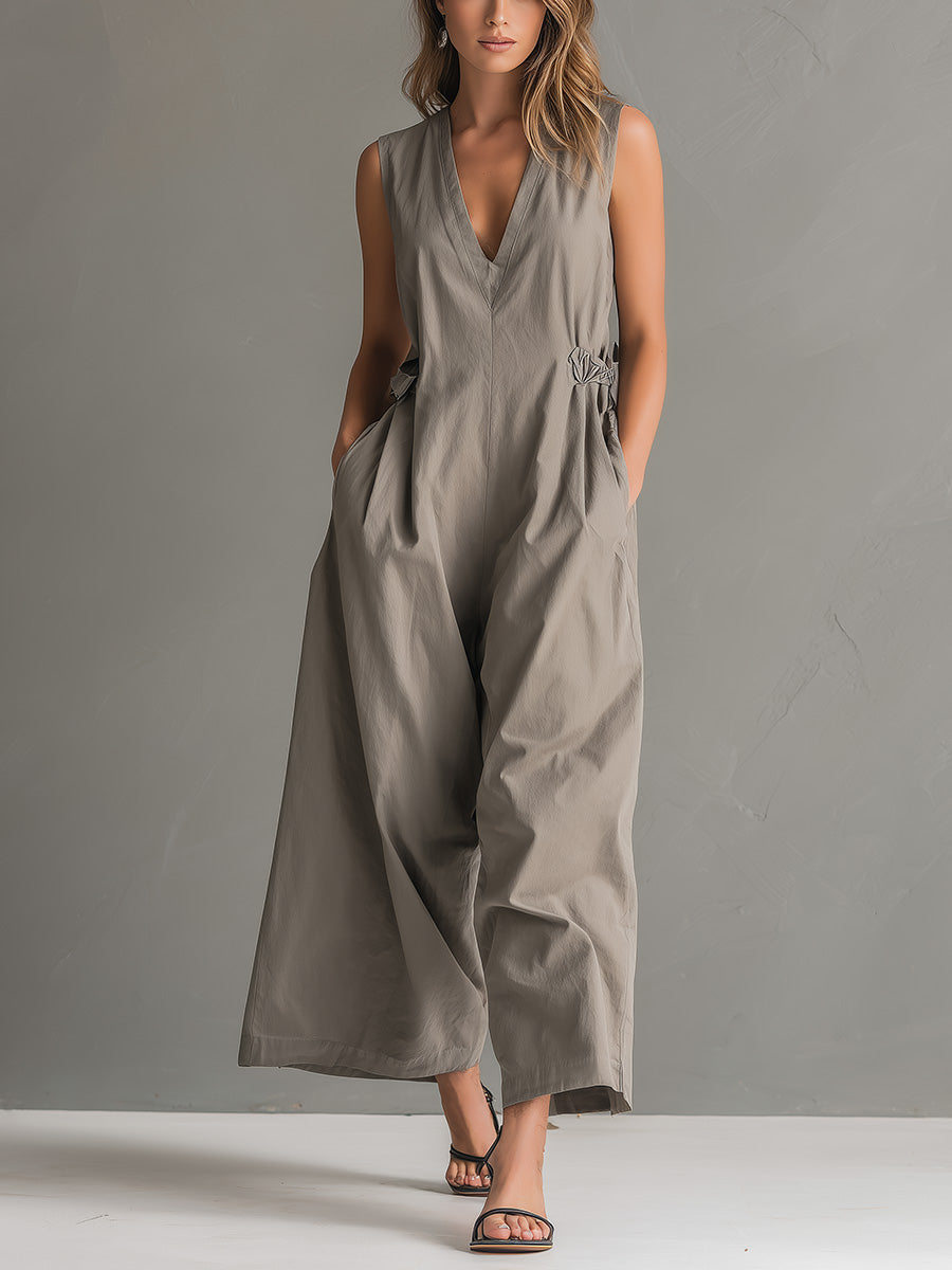 Iris - Stijlvolle Linnen Jumpsuit Dames met Diepe V-hals en Ringsluiting