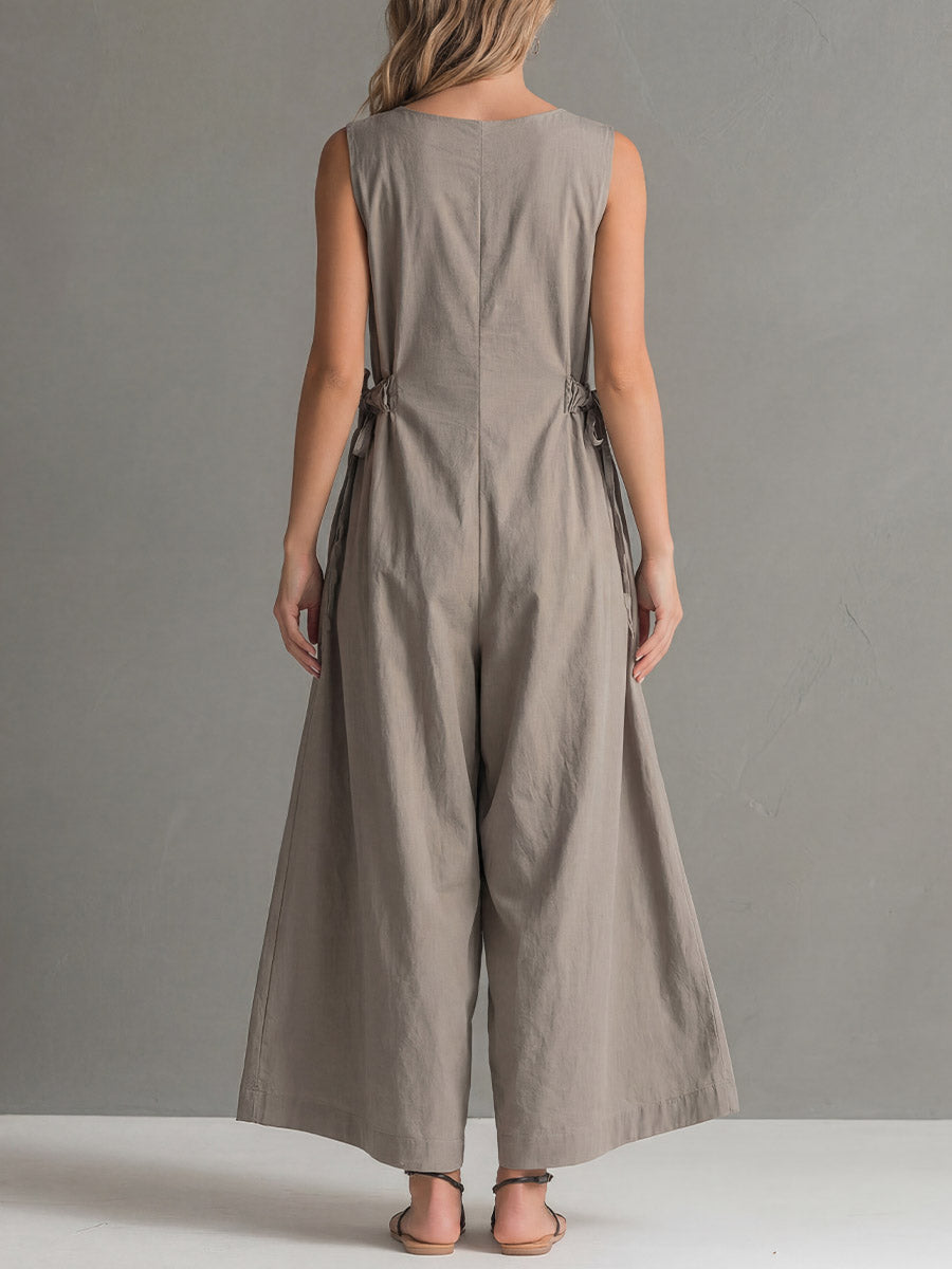 Iris - Stijlvolle Linnen Jumpsuit Dames met Diepe V-hals en Ringsluiting